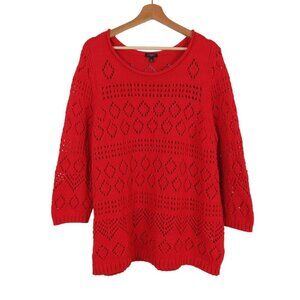 TALBOTS Plus Women's Bright Red Pullover Sweater Open Knit 3/4 Sleeve 2x